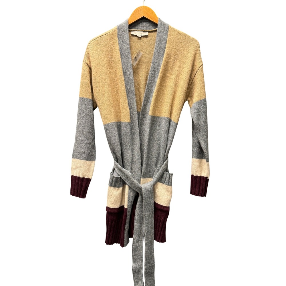 LOFT Cardigan Sweater Womens Medium Colorblock Belted Multi Comfy Knit NEW